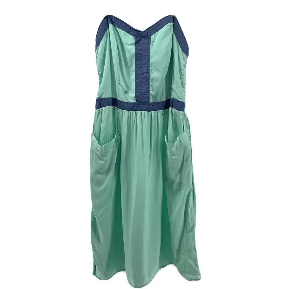 Teal Strapless Sweetheart Neckline Summer Dress Size Small Knee Length Smocked